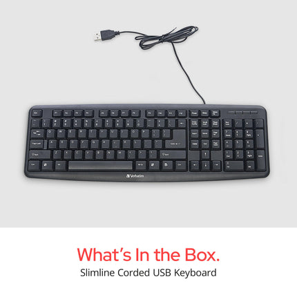 Verbatim Slimline Wired Keyboard USB Plug-and-Play Numeric Keypad Adjustable Tilt Legs Corded Full-Size Computer Keyboard Compatible with PC, Laptop - Frustration Free Packaging Black 99201