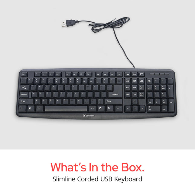 Verbatim Slimline Wired Keyboard USB Plug-and-Play Numeric Keypad Adjustable Tilt Legs Corded Full-Size Computer Keyboard Compatible with PC, Laptop - Frustration Free Packaging Black 99201