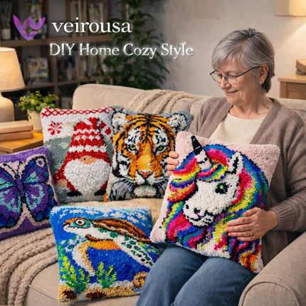 Fantasy Unicorn Latch Hook Kits for Adults Kids, Beginners DIY Throw Pillow Kit Pre-Printed Pillowcase Hook and Latch Rug Kits Cross-Stitch Cushion Cover for Home Sofa Decor Gift Idea 17x17 inch