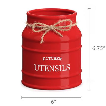 Barnyard Designs Ceramic Farmhouse Utensil Holder for Kitchen Counter, Large Rustic Utensil Crock, Countertop Cooking Tool Spatula Organizer, 6.75”, Red