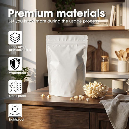 120pcs 7.1"x10.2" Mylar Bags for Food Storage,Smell Proof Bag Resealable Food Storage Bags for Small Business, Treat Snack Stand-up Foil Pouch Packaging Freeze Dried Candy Bag（White）