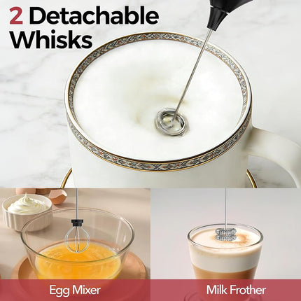 YARRAMATE Electric Milk Frother Wand with Stainless Steel Whisk and Stand, Fast Rechargeable Coffee Mixer with 3 Speeds, Handheld Drink Stirrer, Whisk Foam Maker for Lattes, Cappuccino, Matcha (Black)