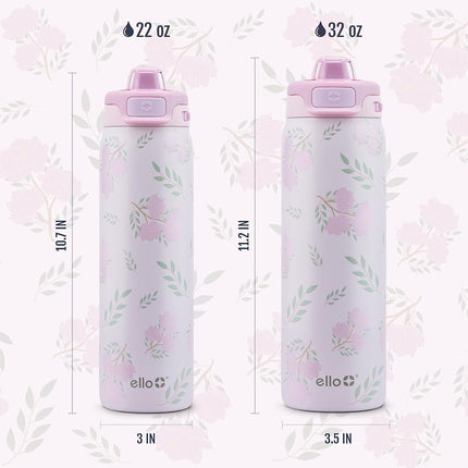 Ello Pop & Fill 32oz Stainless Steel Water Bottle with QuickFill Technology, Double Walled and Vacuum Insulated Metal, Leak Proof Locking Lid, Straw and Chug, Reusable, BPA Free, Blossom Bliss