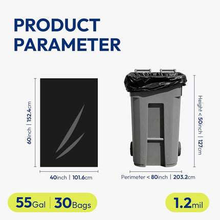 KeenEcho 200L Heavy Duty Garbage Bags 30 Count, 30 μm, Strong Black Bin Liners, Leakproof Star Seal for Construction, Yard, Demolition Debris