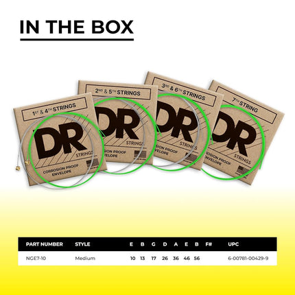 DR Strings NOE710 10-56 Medium Set Handmade Neon Hi-Def Orange Coated 7-String Electric Strings