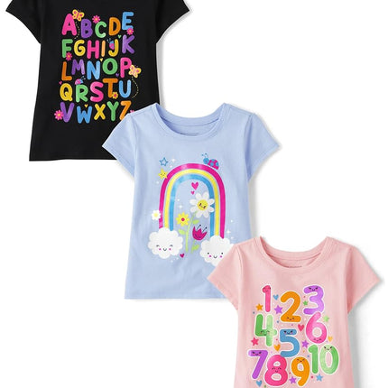 Lot de 3 t-shirts graphiques à manches courtes The Children's Place pour bébés et tout-petits, alphabet/chiffres/arc-en-ciel, taille 5T