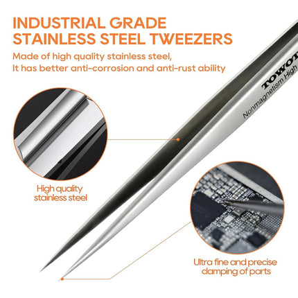 TOWOT Precision Tweezers, 5 PCS Stainless Steel, Non-Magnetic, Heat Resistant, Curved, Jewelry, Electronics, Craft, Soldering, Experimental Work