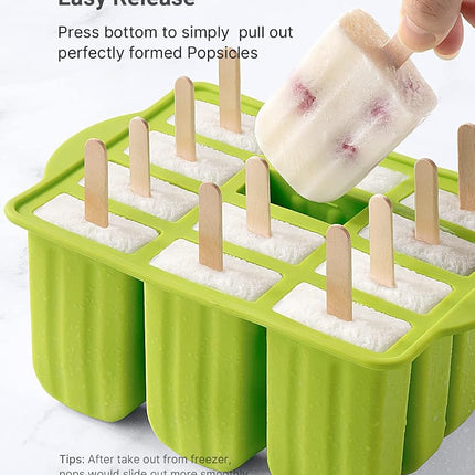 MEETRUE 12 Piece Silicone Popsicle Molds, BPA-Free, Green, Round, Ice Pop Maker with 50pcs Sticks & Cleaning Brush