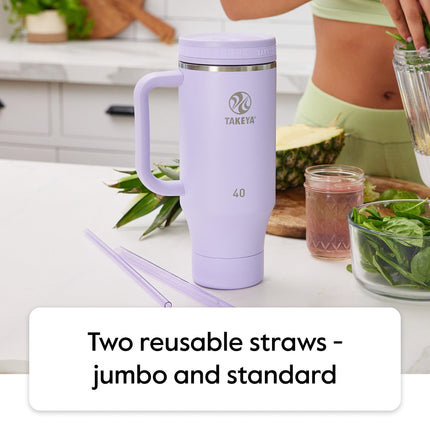 Takeya Straw Tumbler with Handle - for Coffee, Water & More - Durable with Built-in Silicone Coaster & 2 Straws - Double Stainless Steel Insulation - 40 oz, Oatmilk