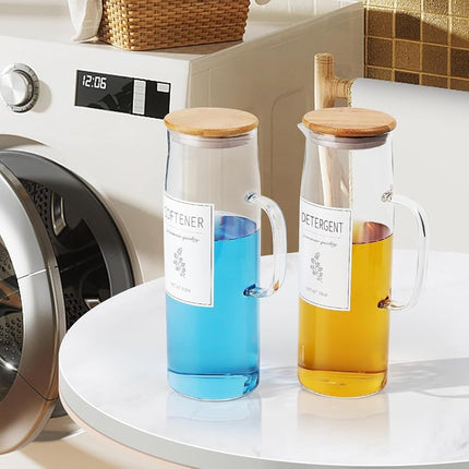 KitHero Laundry Detergent Dispenser Set with Bamboo Lids and Handles - Easy Pour 3 Pack 50 oz Liquid Laundry Containers for Laundry Room Organization and Storage