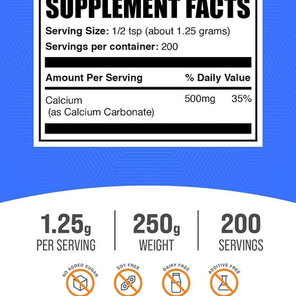 BulkSupplements.com Calcium Carbonate Powder - Calcium Supplement, Calcium 500mg - Calcium Carbonate Food Grade, 1250mg (500mg Calcium) per Serving, 250g (8.8 oz) (Pack of 1)