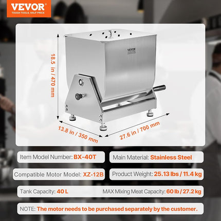VEVOR Manual Meat Mixer, 40L Tilt Tank – Heavy Duty Stainless Steel Hand Mixer for Ground Beef & Sausage, Max 60lb Mixing Meat Capacity, with Gear Box and Lid Handle