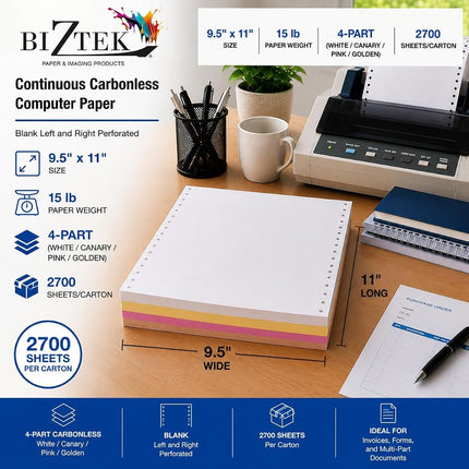 Biztek - 9 1/2" x 11" Blank Computer Continuous Paper, Clean Edge, 1 Part 20 lb. 92 Glossy Cardboard | 2,400 Sheets