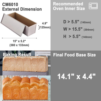CHEFMADE Commercial Pullman Loaf Pan with Lid, 2.6Lb Dough Capacity Non-Stick Rectangle Corrugated Toast Box for Oven Baking 5.2" x 15.2"x 4.9"(Champagne Gold)