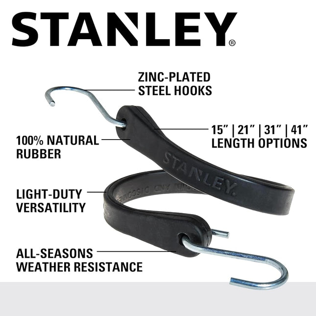 STANLEY S300415 Black 15" All-Weather Rubber Bungee Cords with S-Hooks for Securing Tarps, Flatbed Hauler and Boat Covers, Storage, and Cargo, 10 Pack