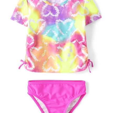 The Children's Place Conjunto de natación de dos piezas (rashguard y braguita) de manga corta para bebé niña y niña pequeña, diseño teñido anudado de corazón, 9-12 meses