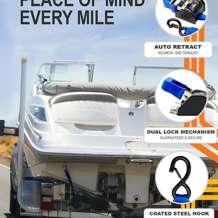 Strapinno 2PCS Retractable Ratchet Straps (1 7/8 in x 4 ft) Heavy Duty Transom Tie-Downs for Boat, PWC Trailer - Extra Mounting Brackets & Bolt Set,Safety Latch S-Hook,Break Strength 2,600LBS/1,180KG, RBA204