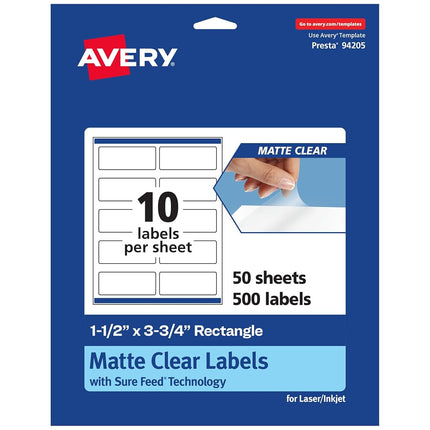 Etiquetas rectangulares mate transparentes Avery, tecnología Sure Feed, 1.5" x 3.75", 500 etiquetas mate transparentes, impresión hasta el borde, imprimibles con láser/inyección de tinta
