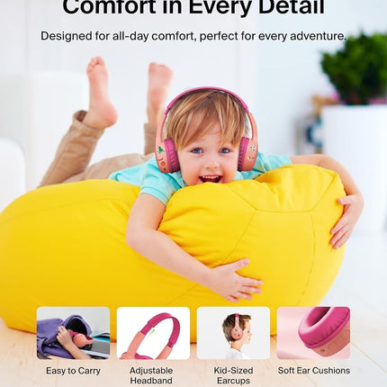 Belkin SoundForm Mini Kids Wireless Headphones w/Built-in Microphone, 30H of Playback Time, Fun Stickers, & Case - Over-Ear Headsets for Online Learning, School, iPhone, iPad, Galaxy, & More - Pink