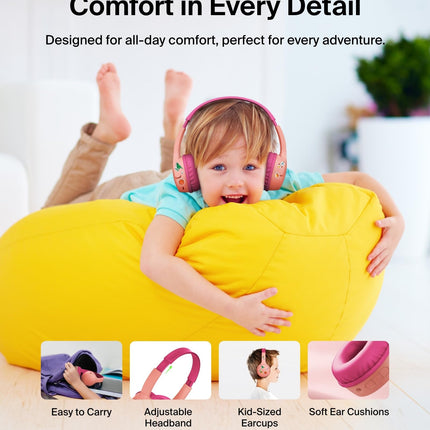 Belkin SoundForm Mini Kids Wireless Headphones w/Built-in Microphone, 30H of Playback Time, Fun Stickers, & Case - Over-Ear Headsets for Online Learning, School, iPhone, iPad, Galaxy, & More - Pink