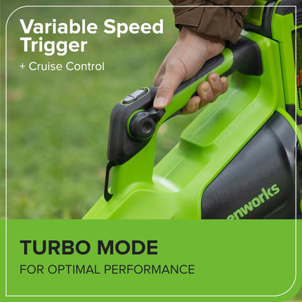 Soplador de hojas inalámbrico Greenworks 40V (730 CFM / 190 MPH) con motor sin escobillas de alta potencia, limpiador de jardín ligero para una rápida eliminación de residuos, incluye batería de 5.0Ah y cargador rápido de 5A
