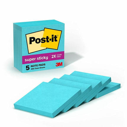 Post-it Super Sticky Notes, 5 Sticky Note Pads, 3 x 3 in., School Supplies, Office Products, Sticky Notes for Vertical Surfaces, Monitors, Walls and Windows, Aqua