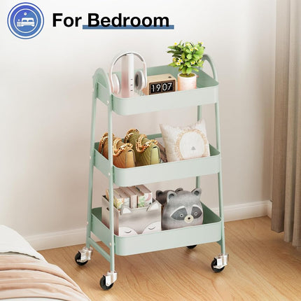 OLIXIS 3 Tier Utility Rolling Cart with Lockable Casters, Mobile Metal Storage Shelf, Organization for Living Room, Bathroom and Narrow Places, Pale Green