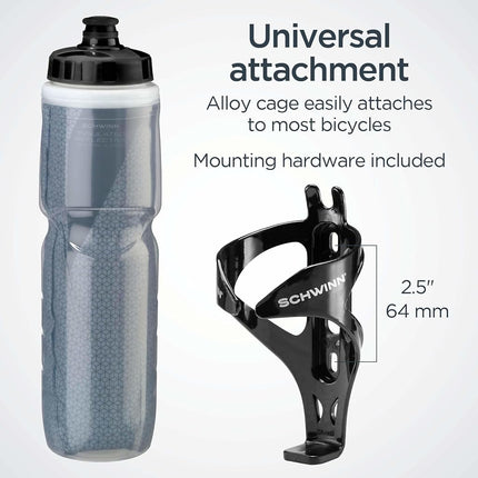 Bouteille d'eau isotherme réfléchissante Schwinn avec support pour vélo, 769 ml, sans BPA, buse à double étape, facile à presser, support facilement montable sur vélo, visibilité nocturne, combo porte-bouteille d'eau pour vélo
