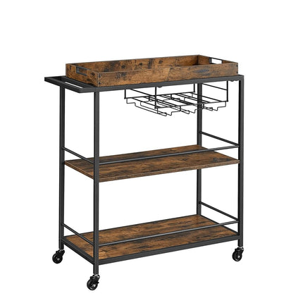 VASAGLE Kitchen Serving Cart with Removable Tray, 3-Tier Kitchen Utility Cart on Wheels with Storage, with Brakes, Leveling Feet, 15.7 x 34.6 x 37.8 Inches, Rustic Brown and Black ULRC093B01