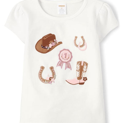 Gymboree Girls' and Toddler Fall and Holiday Embroidered Graphic Short Sleeve T-Shirts, Western Icons, 3T