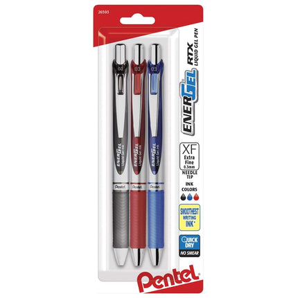 Pentel EnerGel RTX Retractable Liquid Gel Pen, (0.3mm) Needle Tip, Extra Fine Line, Assorted Ink, 3-Pk (BLN73BP3M)