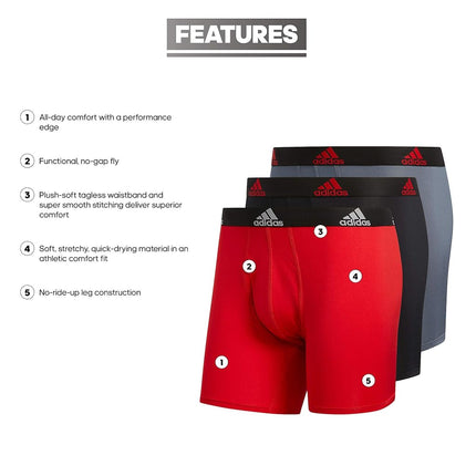 adidas Men's Performance Boxer Brief Underwear (3-Pack) Boxed, Scarlet Red/Black/Onix Grey, Small