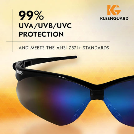 KLEENGUARD V30 Nemesis Safety Glasses (14481), Blue Mirror Lenses with Black Frame, Pack of 12 pairs