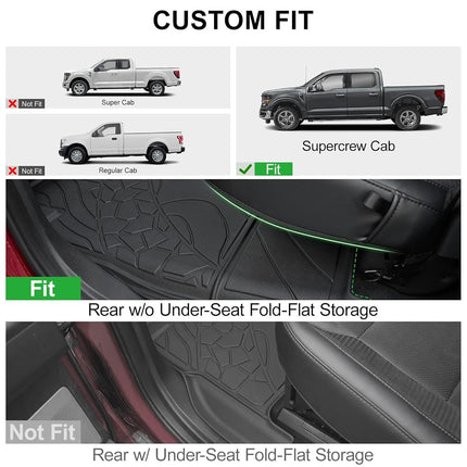 LUMWAY Car Floor Mats for Ford F-150 2015-2025 | F150 Lightning 2022-2025 SuperCrew (Rear w/o Fold Flat Storage) w/Carpet All Weather TPE Black Truck Liners Front & 2nd Row Door Protector Accessories