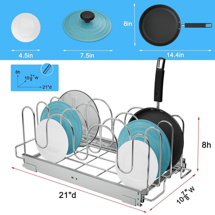 RITSU Slide Out Pan and Pot Lid Organizer for Cabinet, Kitchen Pull Out Pot Lid Rack Pantry Cutting Board Bakeware Cookware Holder - 11in. W x 21in. D - Chrome