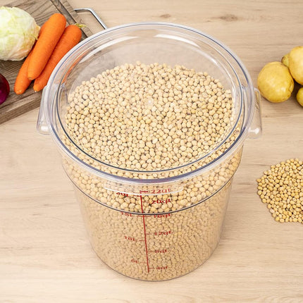Restaurantware-Met Lux 22 Quart Food Storage Container, 1 Round Commercial Storage Container - Lid Sold Separately, with Volume Markers, Clear Plastic Food Prep Bucket, Space-Saving Storage