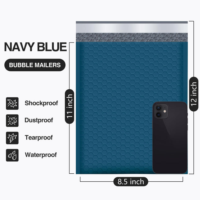 Lot de 25 enveloppes à bulles UCGOU 21,6x30,5 cm bleu marine, taille utile 21,6x27,9 cm, matelassées en polyéthylène, n°2 moyennes, opaques, auto-adhésives, imperméables pour vêtements et maquillage
