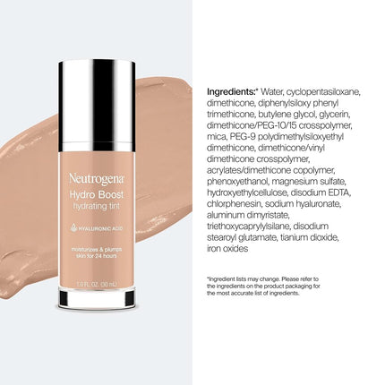 Neutrogena Hydro Boost Hydrating Tint with Hyaluronic Acid, Lightweight Water Gel Formula, Moisturizing, Oil-Free & Non-Comedogenic Liquid Foundation Makeup, 30 Buff Color, 1.0 fl. oz
