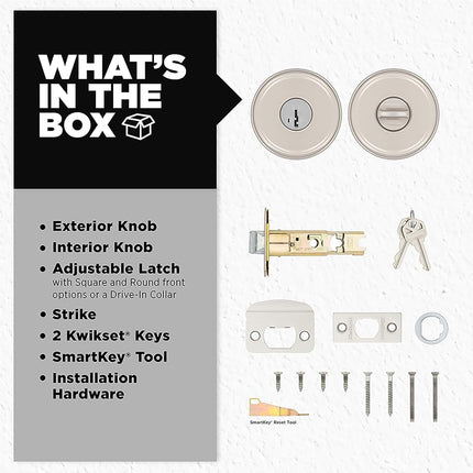 Kwikset Maven Pomo de puerta de entrada con cerradura y llave, manija exterior segura con llave, entrada principal y dormitorio, níquel satinado, seguridad de recodificación SmartKey resistente a robos y Microban