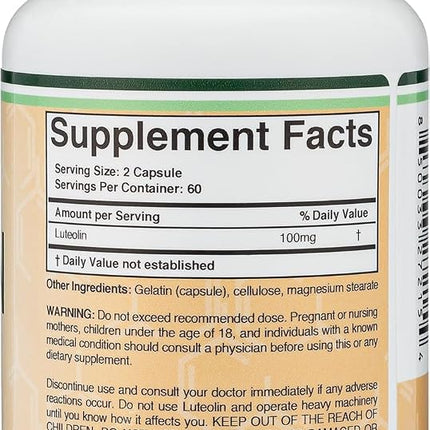 Double Wood Supplements Luteolin Supplement 100mg Servings (120 Capsules, Manufactured in The USA) Potent Polyphenols Flavonoid for Brain and Cardiovascular Support by