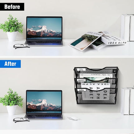 BOHDK Wall File Organizer 3 Pockets, Mail Organizer, Hanging Folder Holder, Foldable | Hanging or Wall Mounted | Label Panel | 2 Hooks | Office Home School Organizer, Black