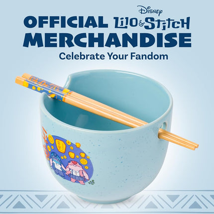 Silver Buffalo Lilo and Stitch Angel Holding Hands Couple Floating Lantern Ceramic Ramen Noodle Rice Bowl with Chopsticks, Microwave Safe, 20 Ounces