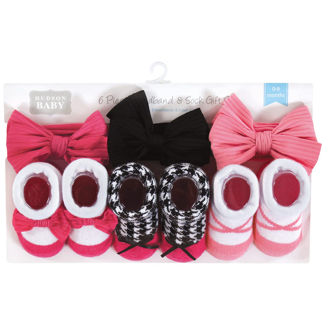 Hudson Baby Girl's Headband and Socks Giftset, Pink Black, One Size