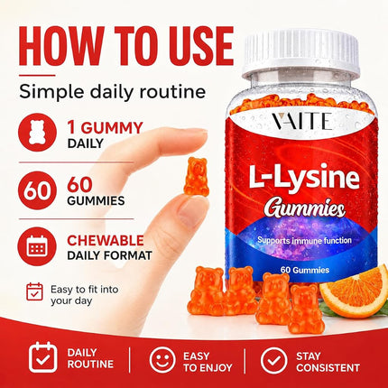 L Lysine 1000mg Gummies – Chewable Non-GMO Supplement, Plant-Based Amino Acid Formula, Gelatin Free, Gluten Free, Soy-Free, Complex Supplements, 60 Vegan Chewables for Adults