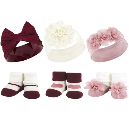 Hudson Baby Girl's Headband and Socks Giftset, Burgundy Blush, One Size