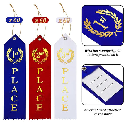 180 Pieces Award Ribbons 1st, 2nd, 3rd Place Flat Carded Set First Place Prizes with Event Card and Rope for Competition, Sports Event, School, Contests, Blue Red White