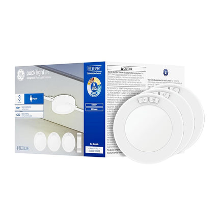 GE LED HD+ Undercabinet Puck Light Fixture, Linkable Plug-in Fixtures for Kitchens, High Definition Light in 5 Color Temperatures, Plug-in, (3 Pack)