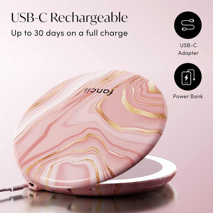 Fancii LED Travel Makeup Mirror, Rechargeable with 10x/1x Magnifying & 3 Light Settings - Compact, Portable, Large 123mm Wide Lighted Hand Mirror with Handbag and Purses (Marble Rose)
