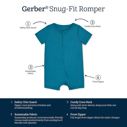 Gerber Unisex Baby Buttery Soft Short Sleeve Romper with Viscose Made from Eucalyptus, Ocean Teal, 6-9 Months