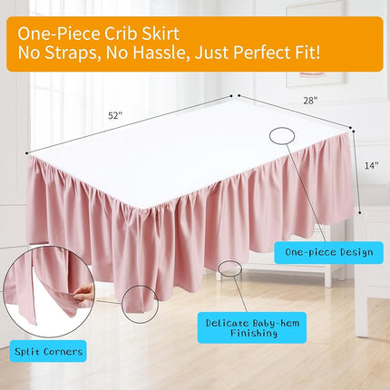 Crib Skirt Pink 400 Thread Count Cotton Crib Dust Ruffle for Baby Girls and Boys, Soft and Breathable Crib Bed Skirt with 14" Drop